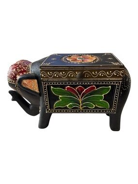 Hand Painted Wooden Elephant Trinket Box Black Multi